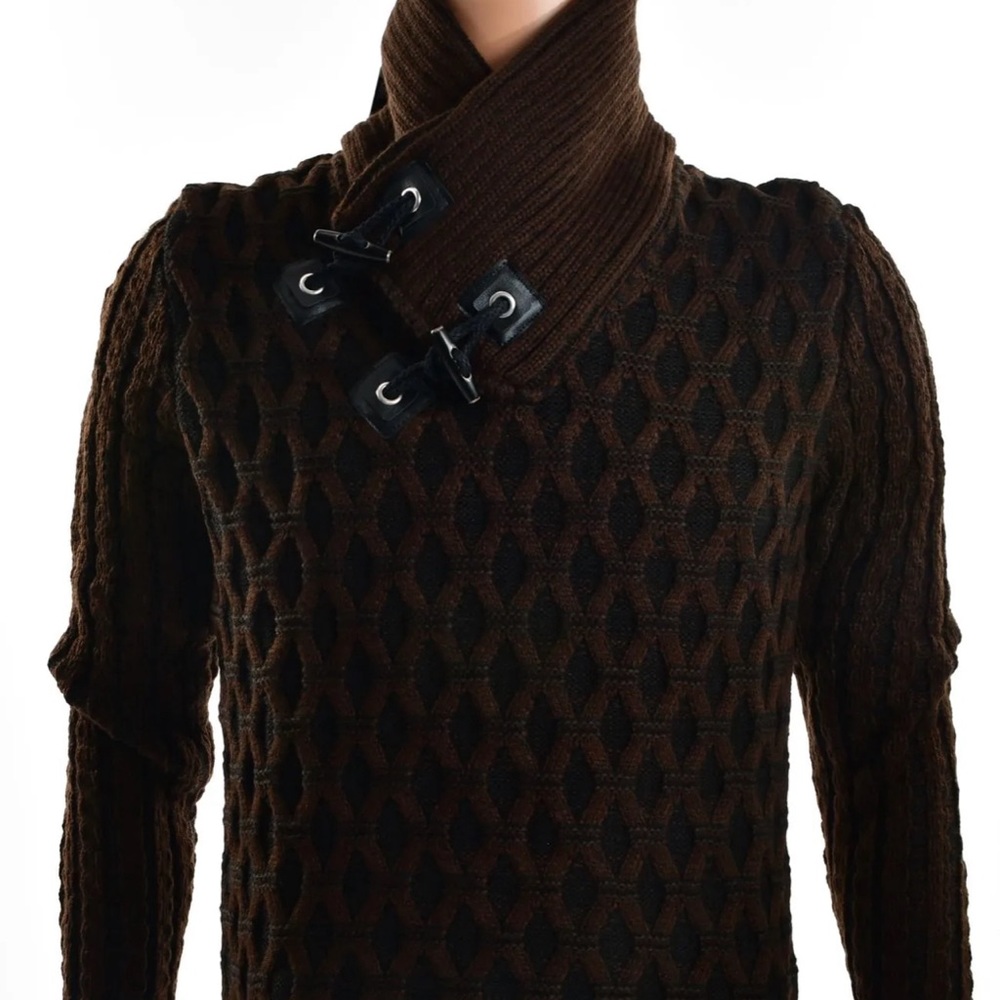 TRICOT WOVEN SHAWL COLLAR SWEATER-BROWN